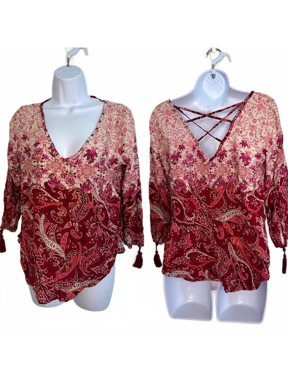 Hollister Women's Boho Peasant Top, Red Pink Paisley Print, Criss-Cross Back SM